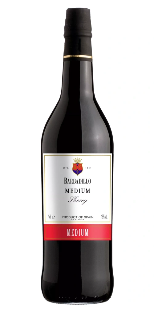 Eine Flasche Barbadillo Medium Sherry mit rotem Band und goldenem Etikett.