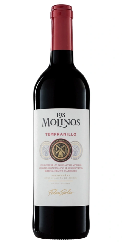 Eine Flasche Rotwein von Los Molinos mit dem Namen Tempranillo.