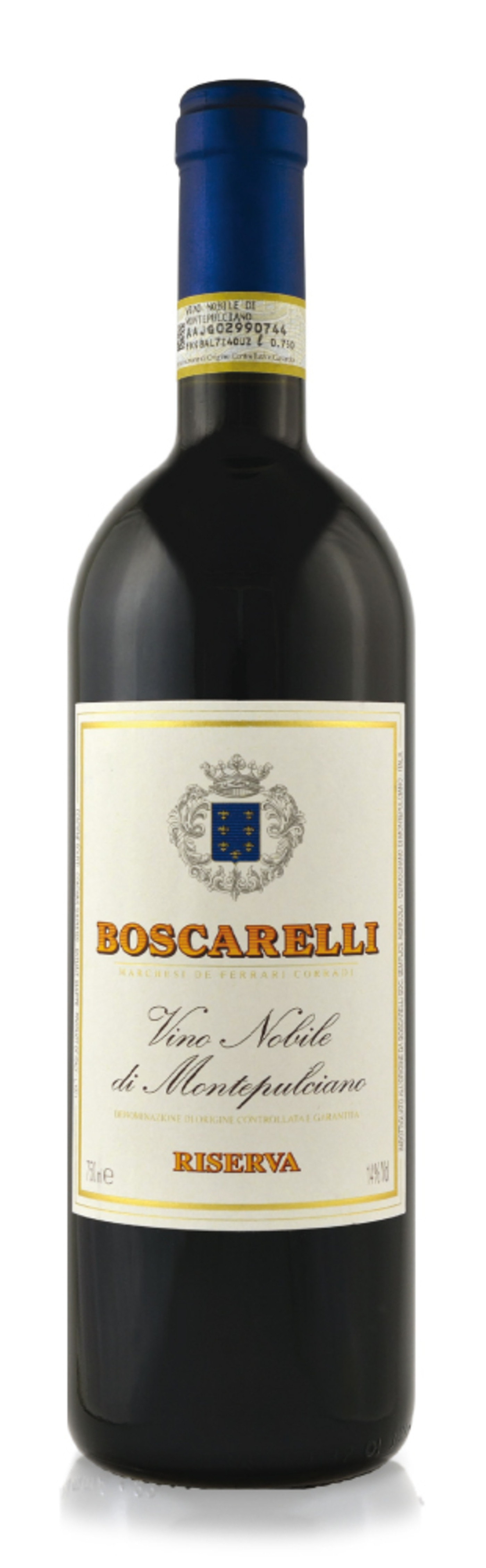 Wein Boscarelli Vino Nobile di Montepulciano Riserva, Flasche, Etikett, blau