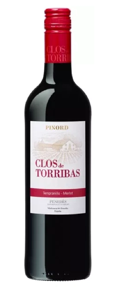 Eine Flasche Rotwein mit dem Etikett Clos de Torribas, Tempranillo-Merlot, Penedès, Spanien.