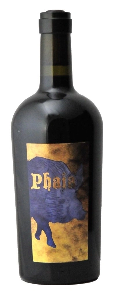 Wein-Flasche mit Etikett, das ein Wildschwein zeigt, in Gold und Blau.
