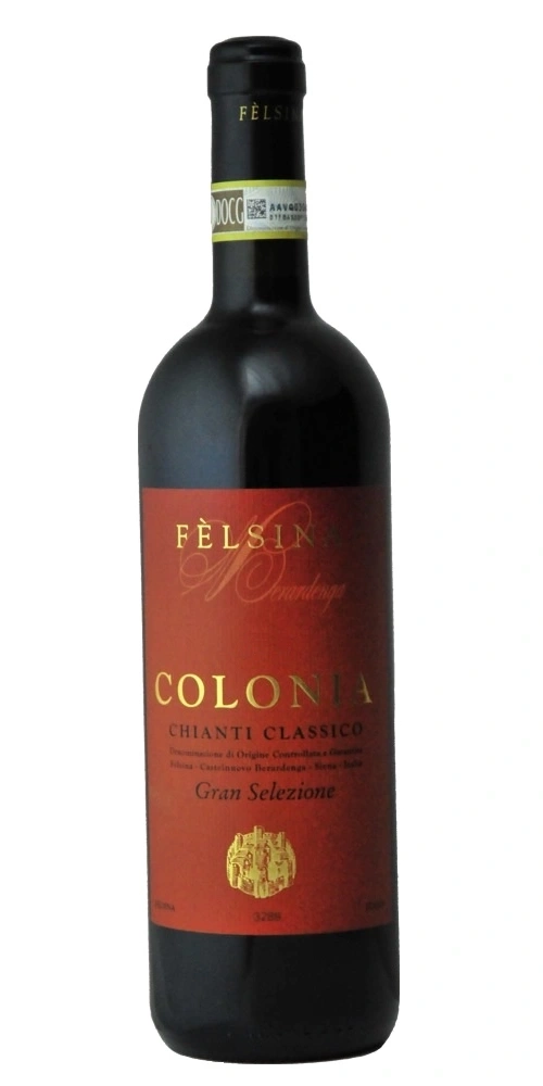 Eine Flasche Rotwein von Felsina mit dem Etikett Colonia Chianti Classico Gran Selezio