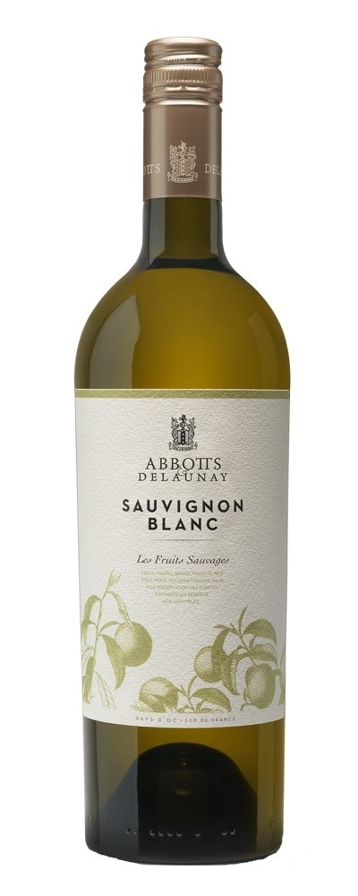 Weinflasche mit Etikett, Sauvignon Blanc, Abbots Delaunay, Les Fruits Sauvages, Pays d'Oc