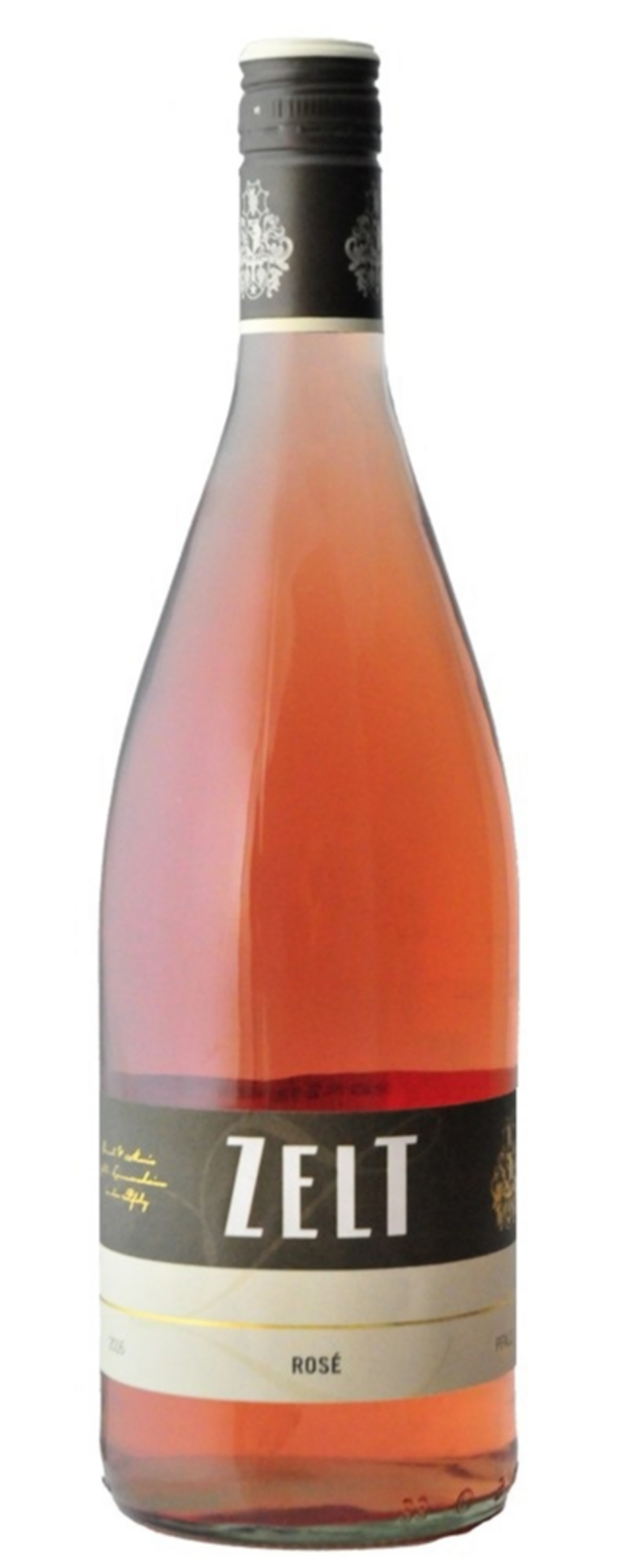 Zelt Rosé Wein, eine rosa Weinflasche mit schwarzem Etikett und goldener Schrift.