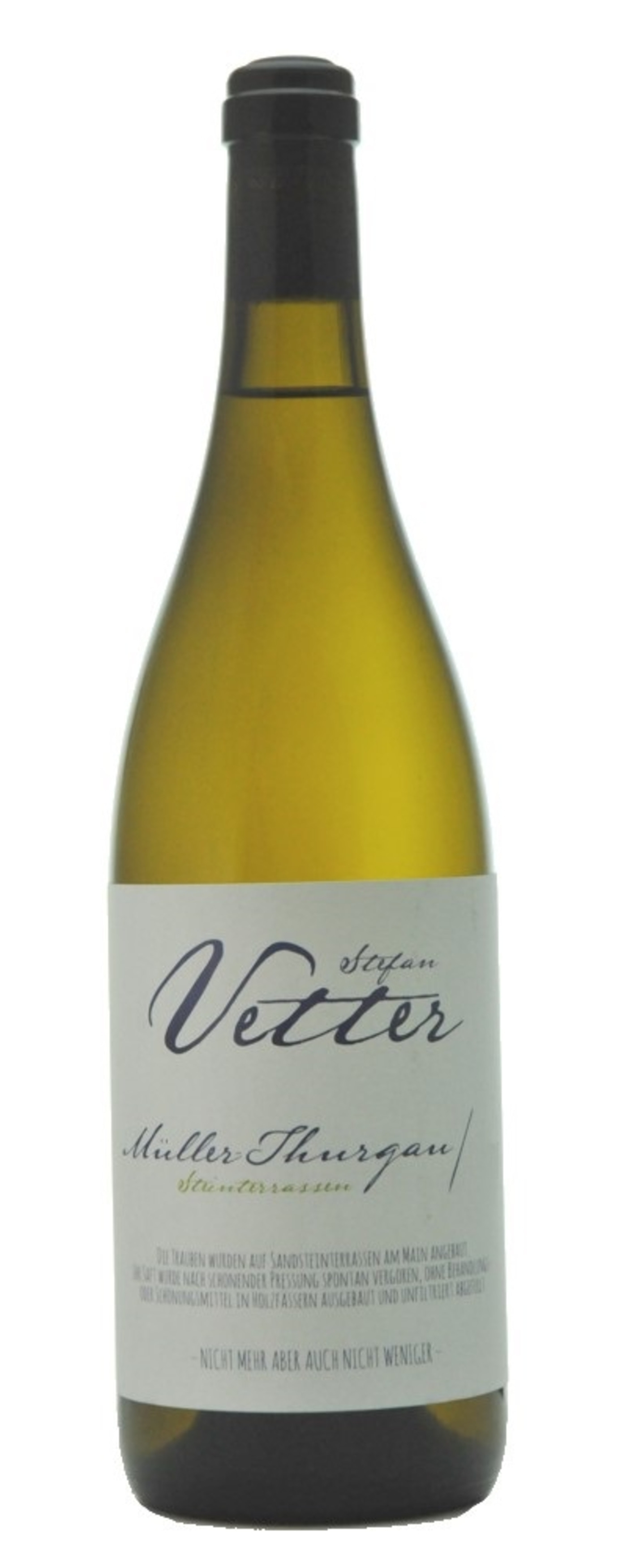 Weinflasche mit weißem Etikett, Vetter Müller Thurgau, Text auf Deutsch.