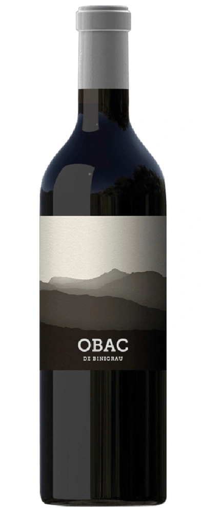 Wein-Flasche mit Etikett, das Berge zeigt, mit der Aufschrift OBAC DE BINIGRAU.