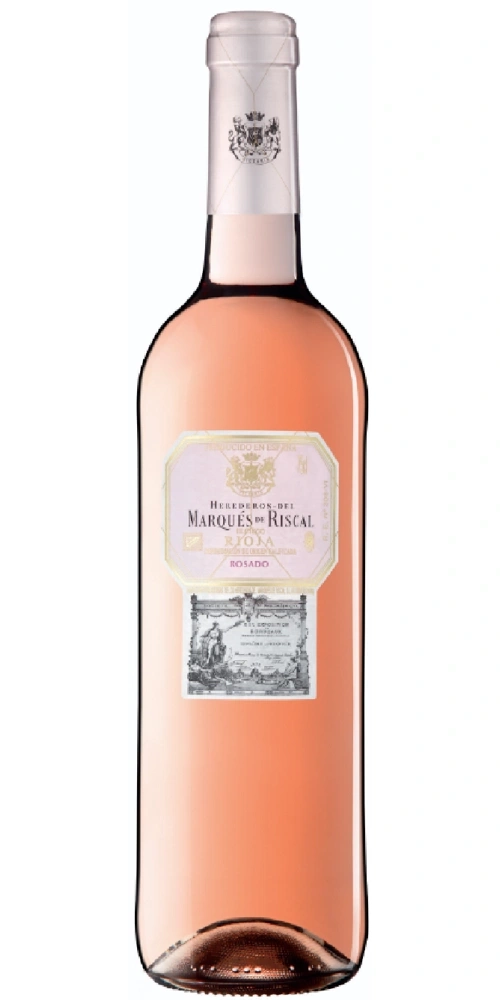 Eine Flasche Roséwein von Marqués de Riscal in einem Etikett mit einer Wappen-Illustration