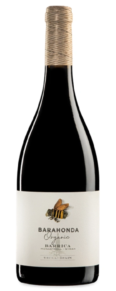 Eine Flasche Rotwein mit Etikett und Bienenmotiv