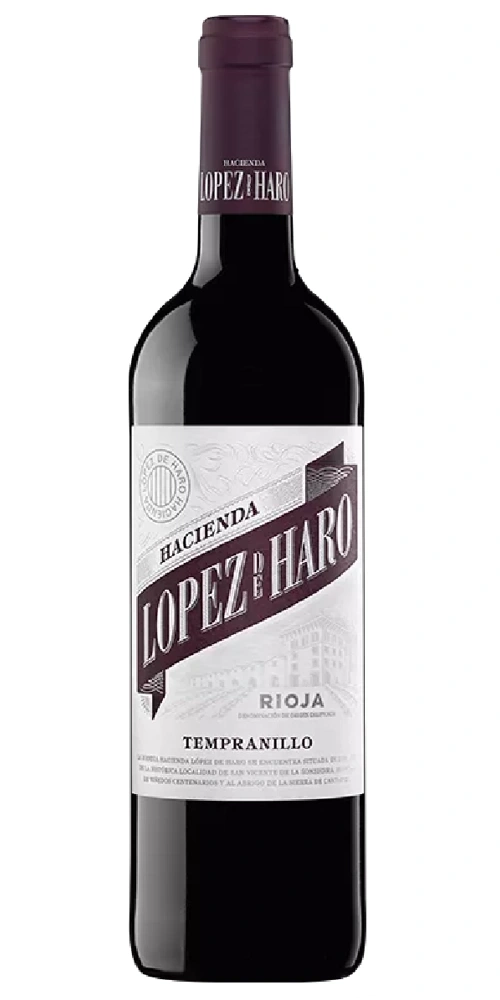 Eine Flasche Rotwein der Marke Lopez de Haro Tempranillo aus Rioja.