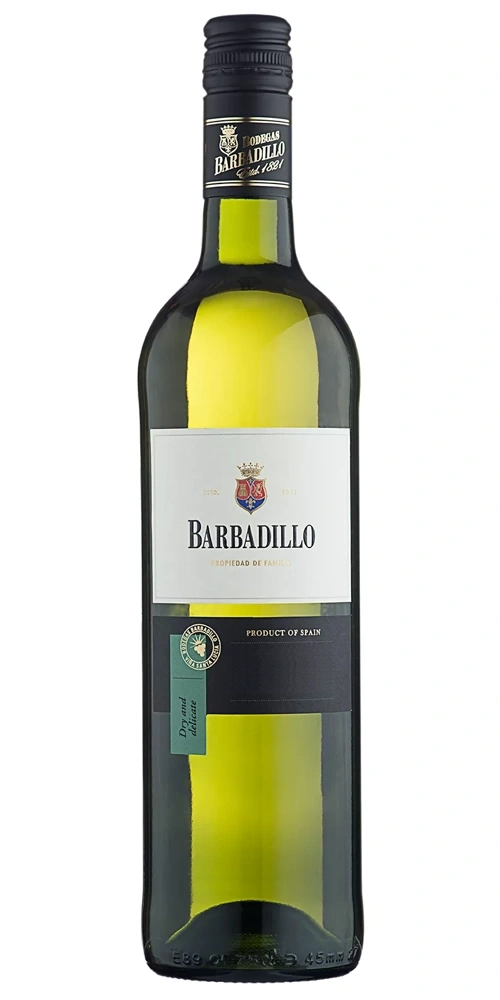 Eine Flasche weißer Wein mit Etikett und Aufschrift "Barbadillo"