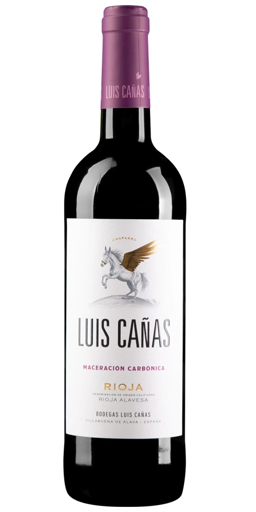 Weinflasche von Luis Canas Rioja mit Pegasus-Motiv auf dem Etikett und purpurroter Kappe.
