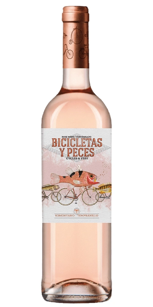 Eine Flasche Roséwein mit dem Etikett 'Bicicletas y Peces'.