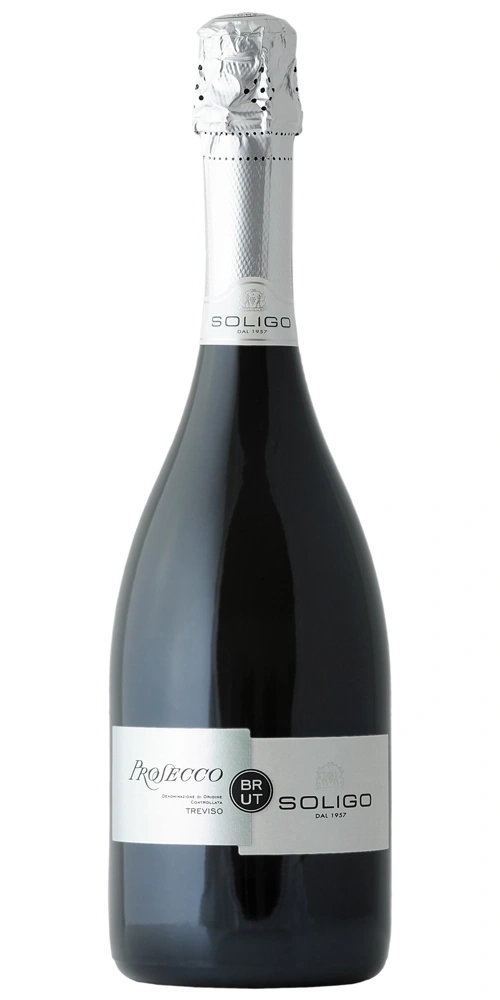 Flasche Soligo Prosecco Brut aus Treviso mit silbernem Etikett und Verschluss