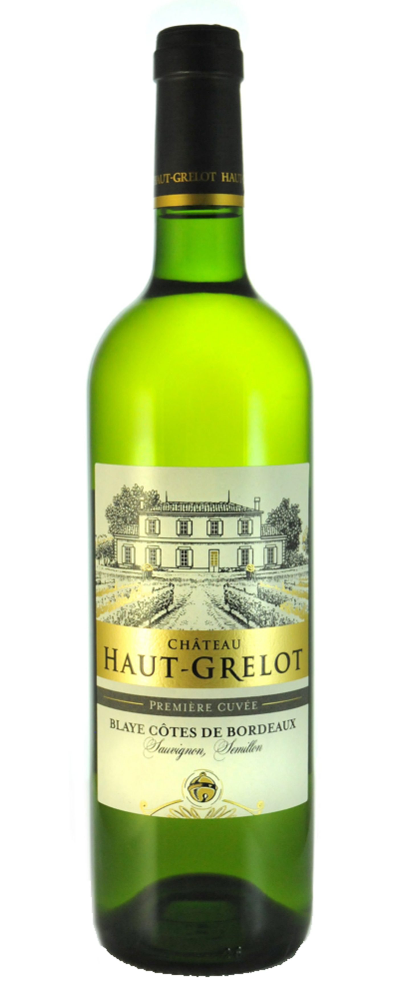 Weinflasche mit Etikett 'Château Haut-Grelot' und 'Blaye Côtes de Bordeaux'