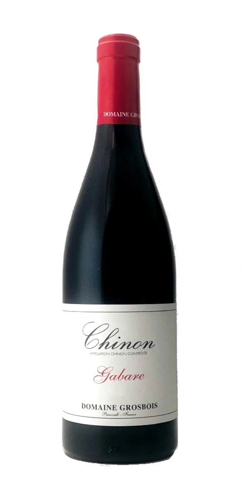 Eine Flasche Rotwein von Domaine Grosbois mit dem Etikett Chinon Gabare.