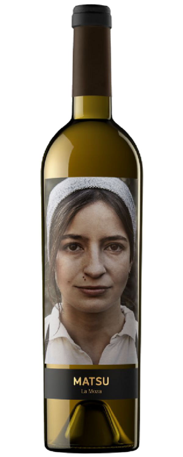 Eine Flasche Weißwein mit dem Etikett MATSU La Moza und dem Porträt einer Frau.