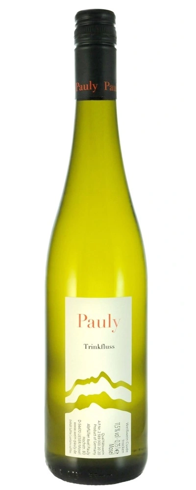 Weinflasche mit Etikett 'Pauly Trinkfluss' und 11,5% Alkoholgehalt, trocken, Mosel.