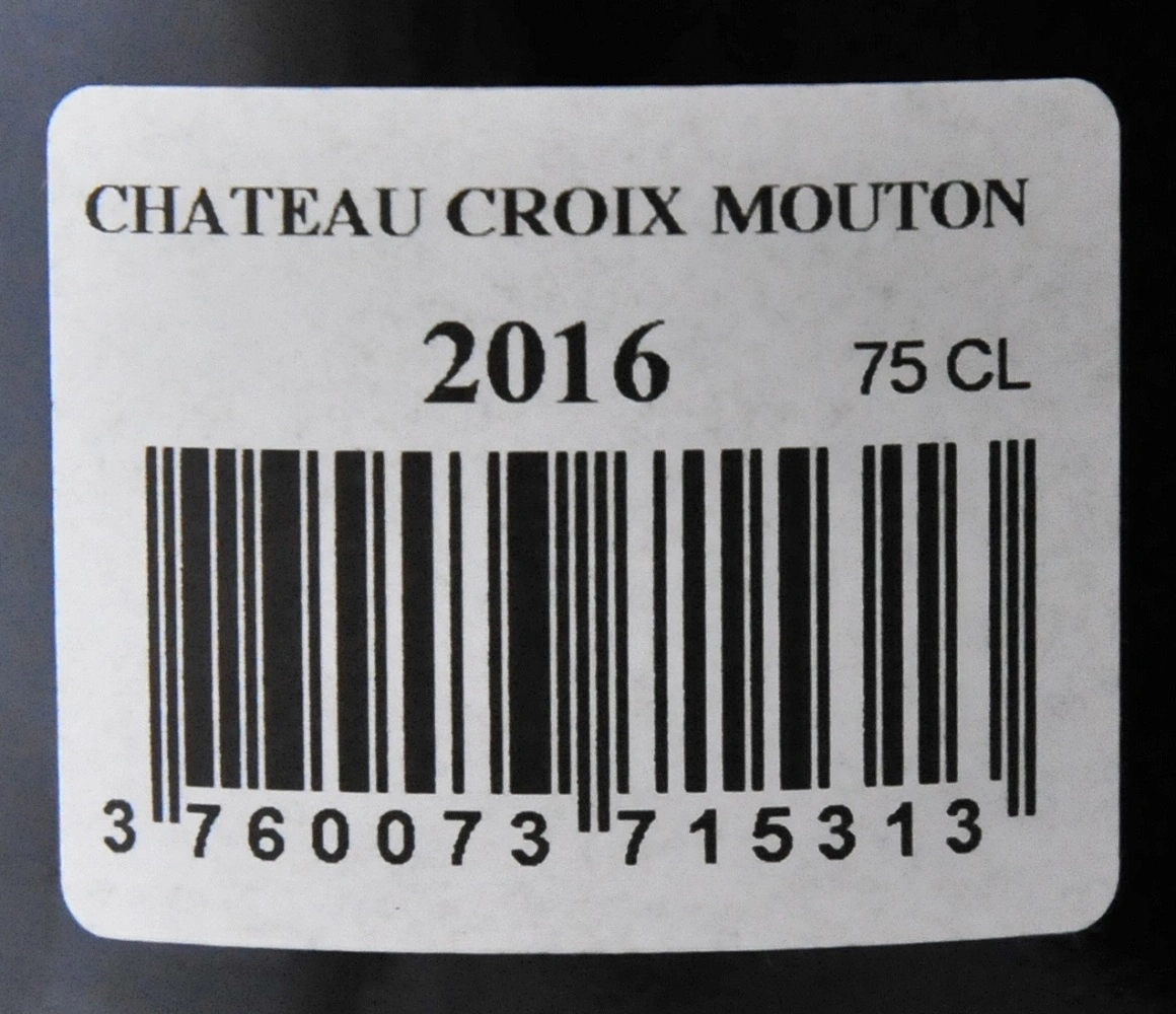 Etikett mit Text: Chateau Croix Mouton, 2016, 75 CL und Barcode.