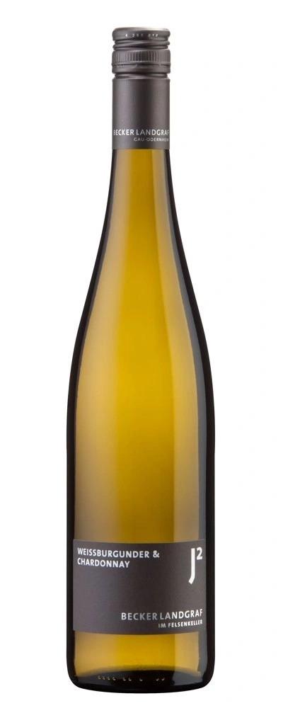 Weißwein-Flasche mit Aufschrift 'Becker Landgraf' und 'J2' auf dem Etikett.