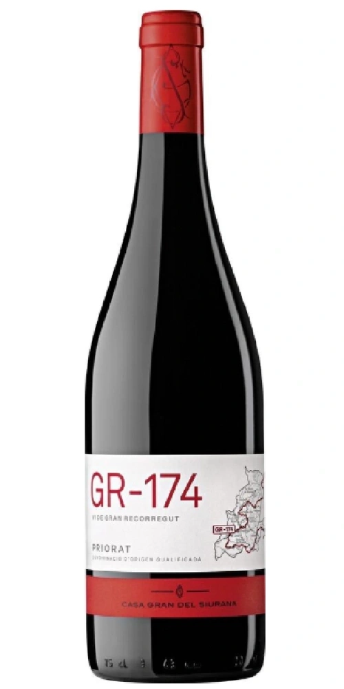 Ein Rotwein-Flaschenetikett mit der Aufschrift GR-174 Priorat und einer Karte.