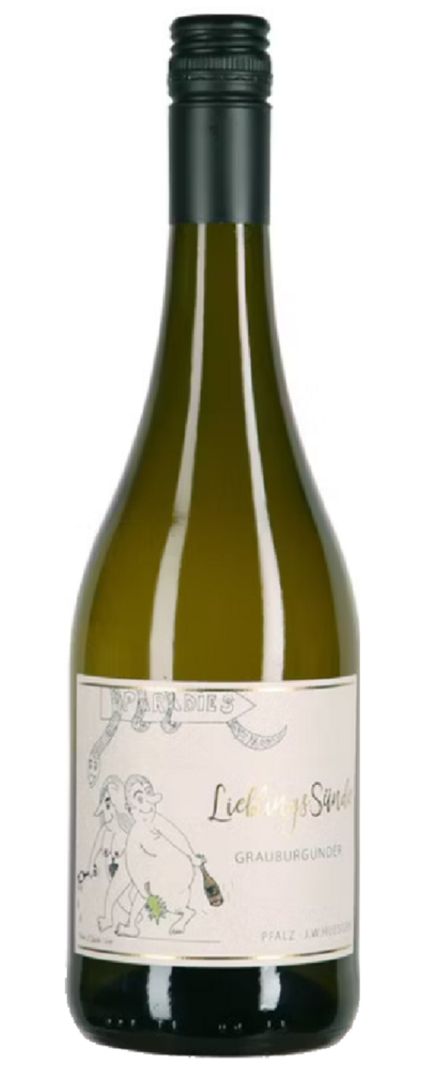 Weinflasche mit Etikett, das eine Illustration von Adam und Eva zeigt.