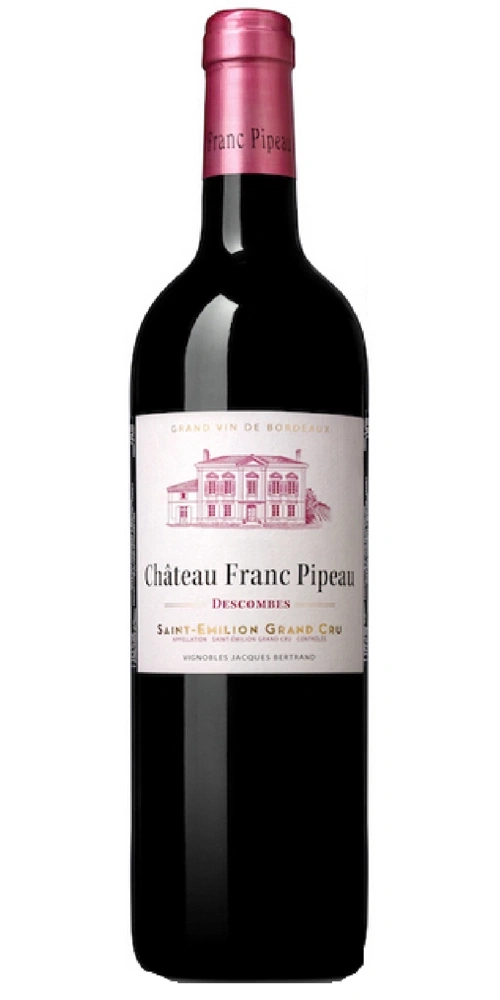 Eine Flasche Rotwein von Château Franc Pipeau mit rotem Etikett.