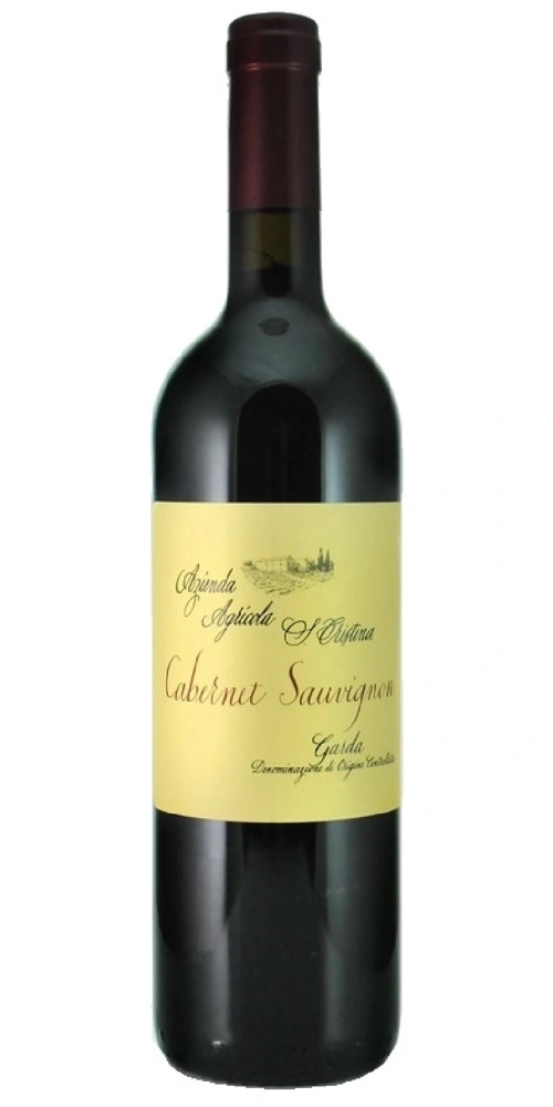 Rotweinflasche mit gelbem Etikett und Cabernet Sauvignon