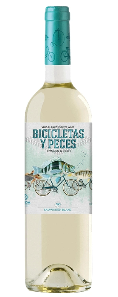 Flasche Weißwein mit dem Etikett 'Bicicletas y Peces' und Fahrrädern und Fischen.