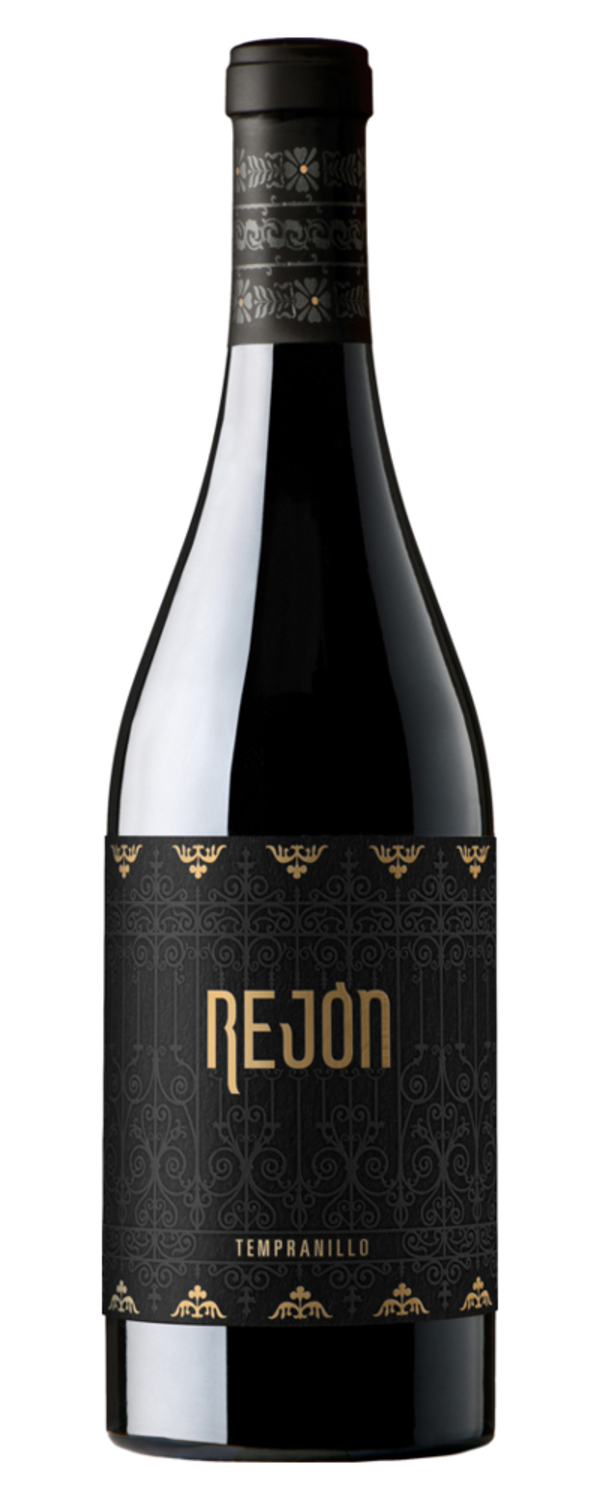 Wein-Flasche mit schwarzem Etikett und goldener Schrift, 'REJÓN' und 'TEMPRANILLO'.
