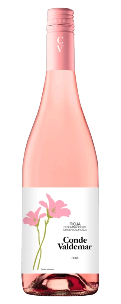 Rosa Weinflasche mit Etikett, Blumen und Text 'Conde Valdemar Rosé'