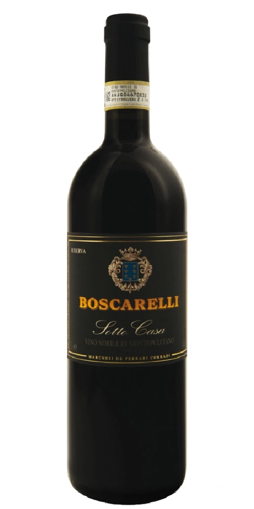 Eine Flasche Rotwein der Marke BOSCARELLI, Sotto Casa, Vino Nobile di Montepulciano.