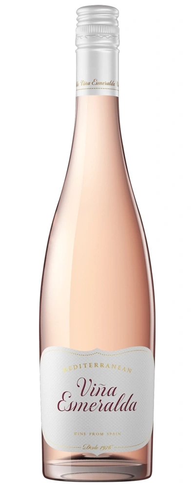 Rosa Weinflasche mit Etikett, Vina Esmeralda, mediterran, Wein aus Spanien.