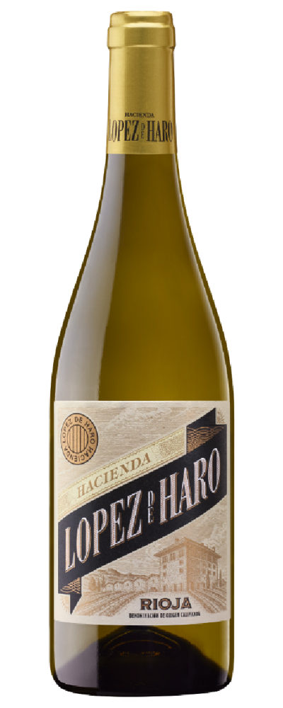 Eine Flasche Lopez de Haro Wein steht vor einem weißen Hintergrund.