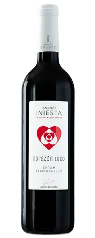 Flasche Rotwein mit Etikett Corazón Loco von Andrés Iniesta