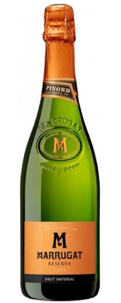 Grüne Flasche Marrugat Reserva Cava Brut Imperial mit orangefarbenem Etikett