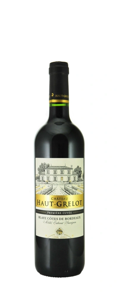 Wein-Flasche mit Etikett 'Château Haut-Grelot' aus Blaye Côtes de Bordeaux.