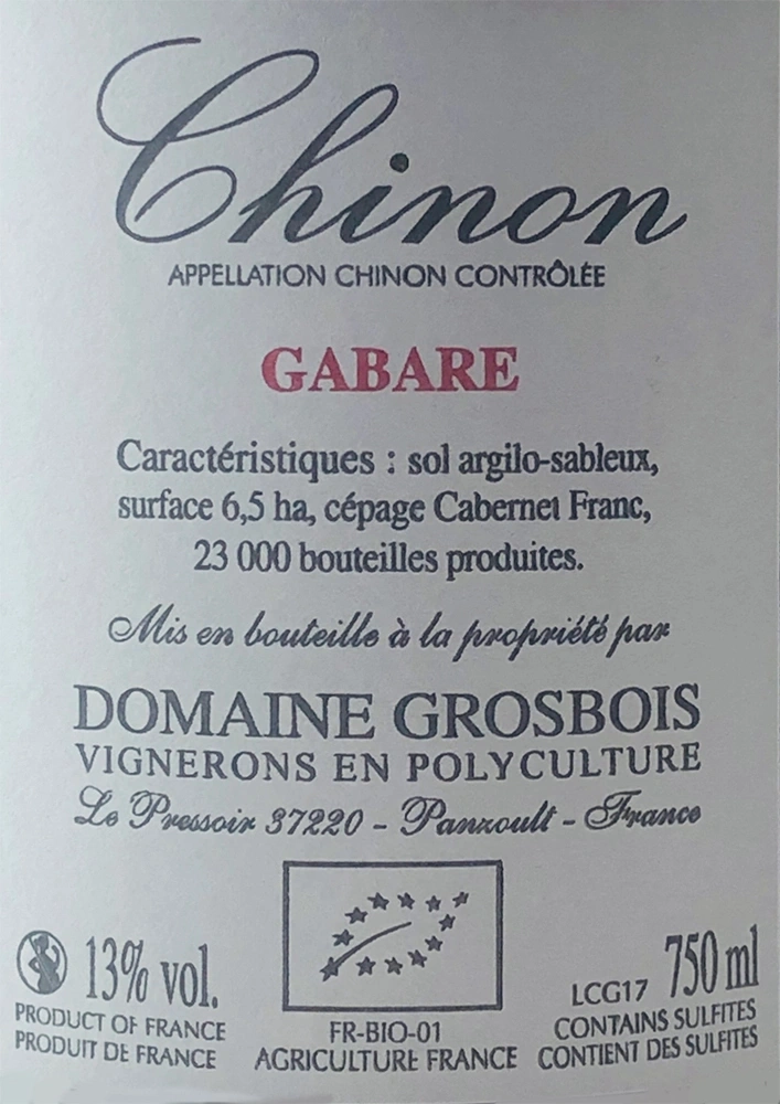 Wein Etikett Chinon Gabare, 13% vol, 750ml, Domaine Grosbois, Frankreich, Cabernet Franc
