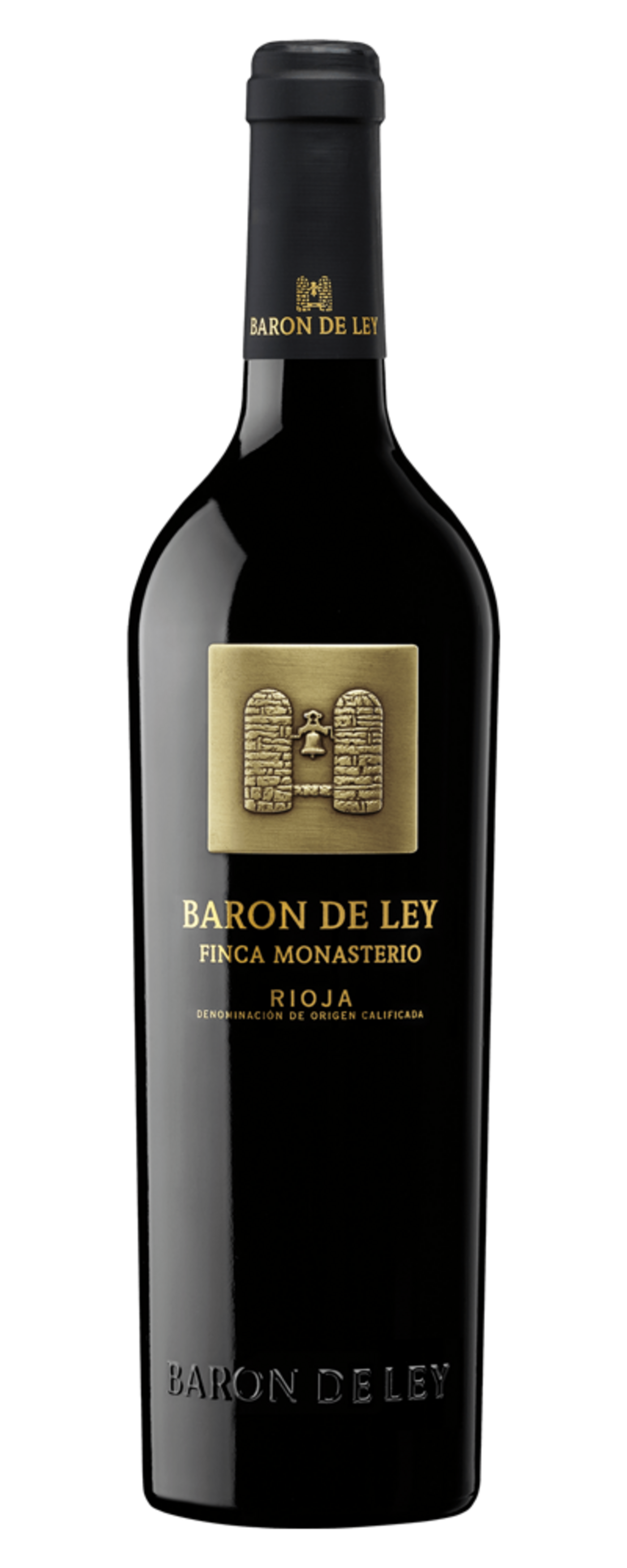 Wein-Etikett von Baron de Ley Finca Monasterio Rioja, schwarz und goldfarben.