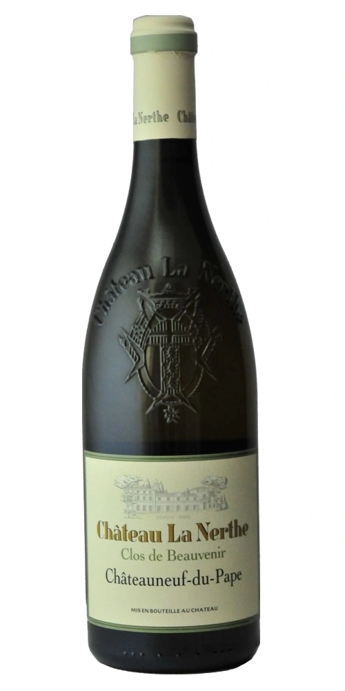 Flasche Wein "Château La Nerthe" mit Etikett und Prägung.