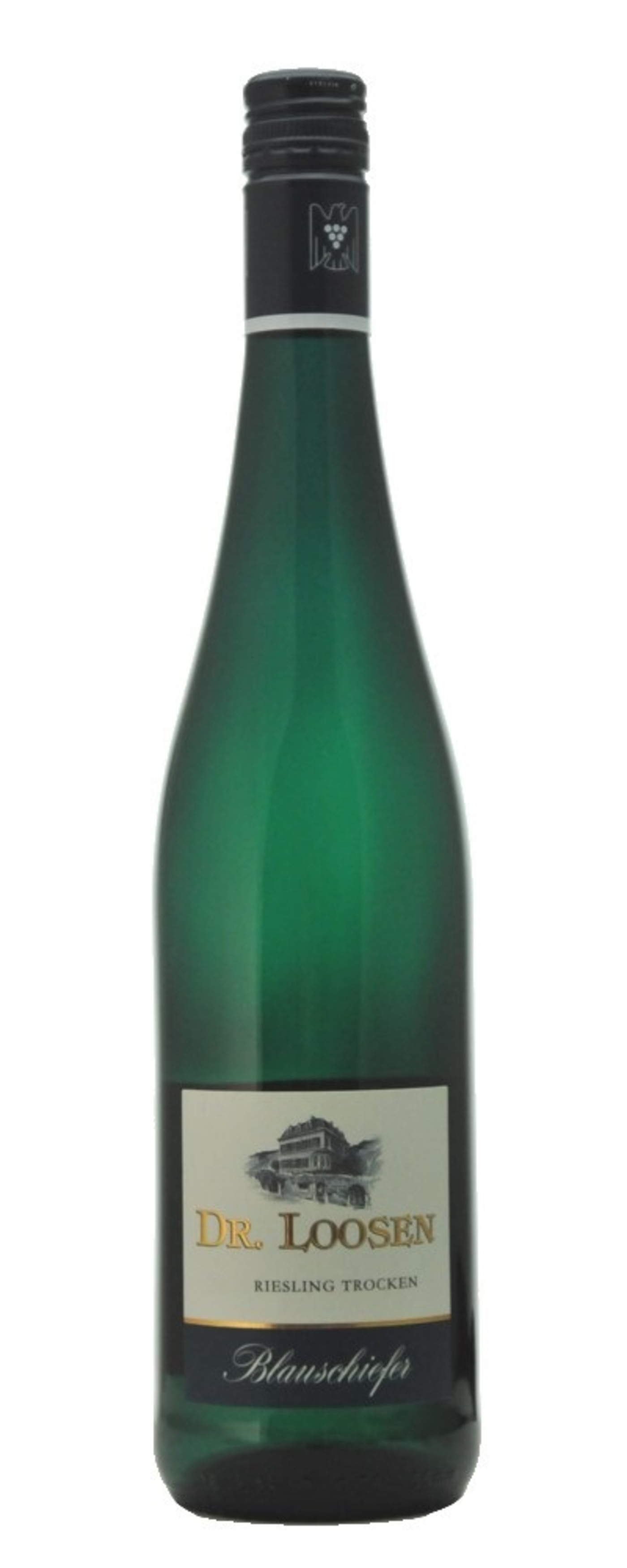 Grüne Weinflasche mit Etikett von Dr. Loosen, Riesling Trocken, Blauschiefer.