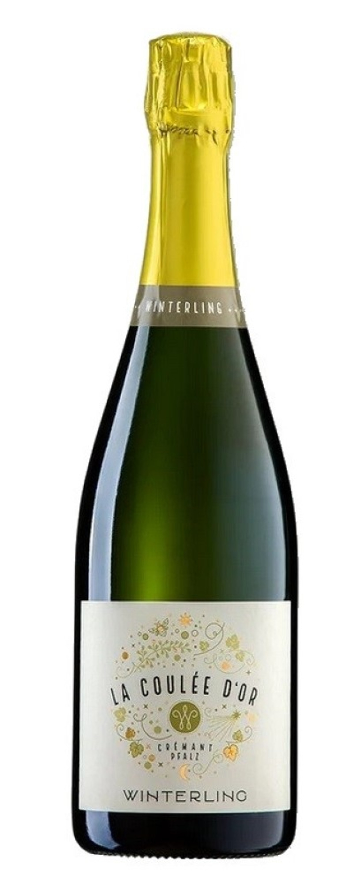 Flasche La Coulée d'Or Crémant Pfalz Winterling, goldene Kapsel, Etikett mit floralen Elementen
