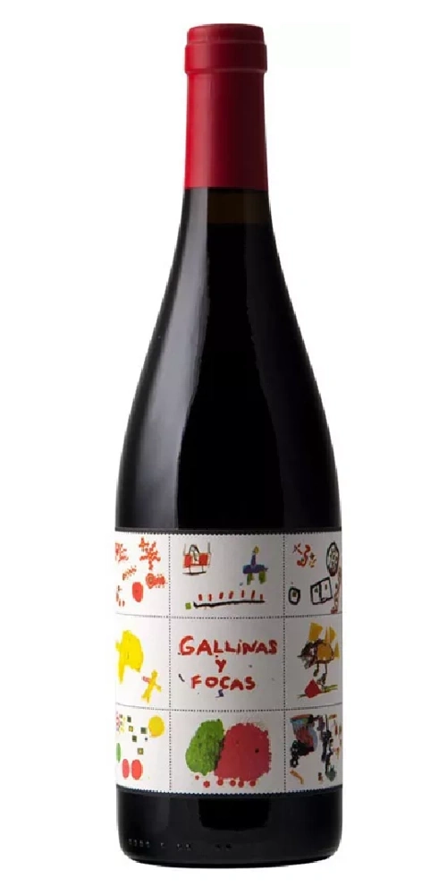 Eine Flasche Rotwein mit einer bunten, cartoonartigen Flaschenetikett.