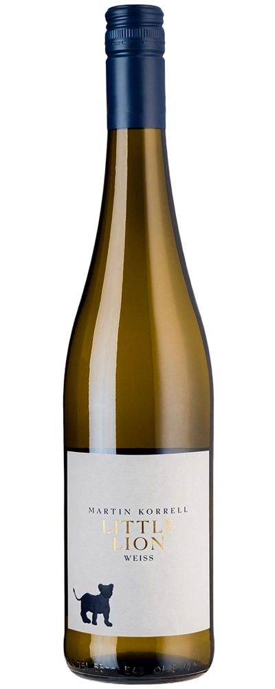 Wein-Flasche mit Etikett, Aufschrift 'Little Lion Weiss' und Löwen-Silhouette.