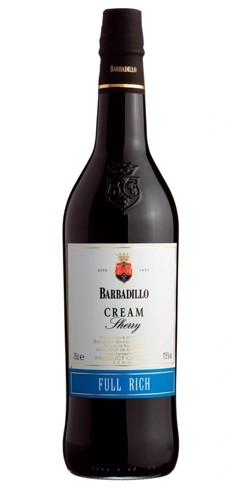 Eine Flasche Barbadillo Cream Sherry, steht vor einem weißen Hintergrund.