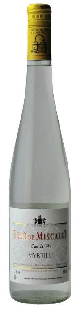 Eine Flasche René de Miscauli Eau de Vie Myrtille, 43% vol, 500ml, Produkt Frankreich