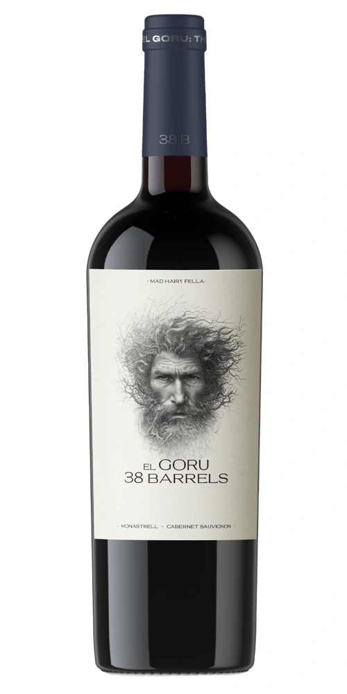 Eine Flasche Rotwein mit einem Bild eines Mannes mit zerzaustem Haar und Bart.
