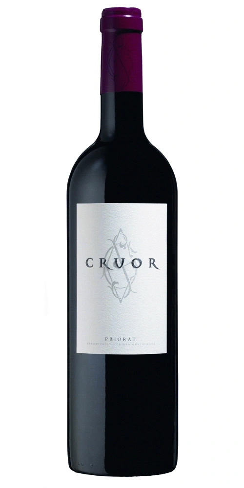 Eine Flasche Rotwein mit dem Etikett CRUOR PRIORAT