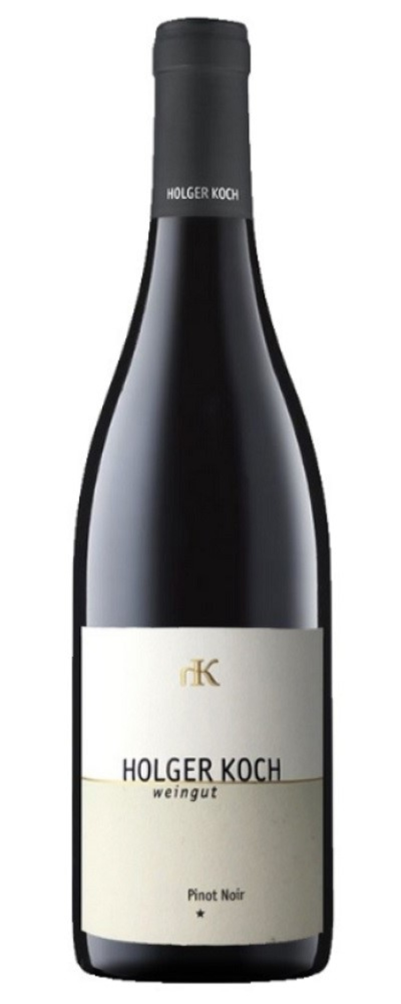 Holger Koch Wein Pinot Noir Flasche, dunkles Rot, Etikett mit Schriftzug