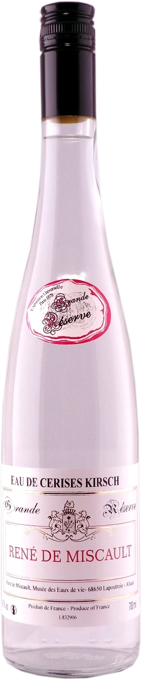 Eine Flasche Kirschwasser, René de Miscault, Grande Réserve, Produkt aus Frankreich.
