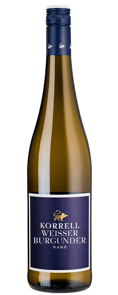 Weinflasche mit blauem Etikett und goldenem Löwen-Logo, Nahe